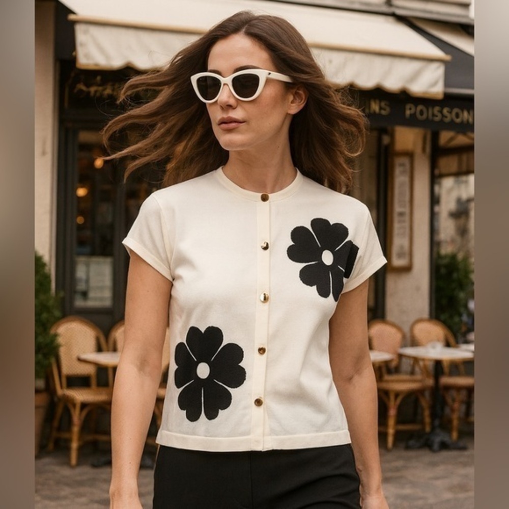 Aleeza Paris Black & Cream Floral Button-Down Sweater Cardigan (L)